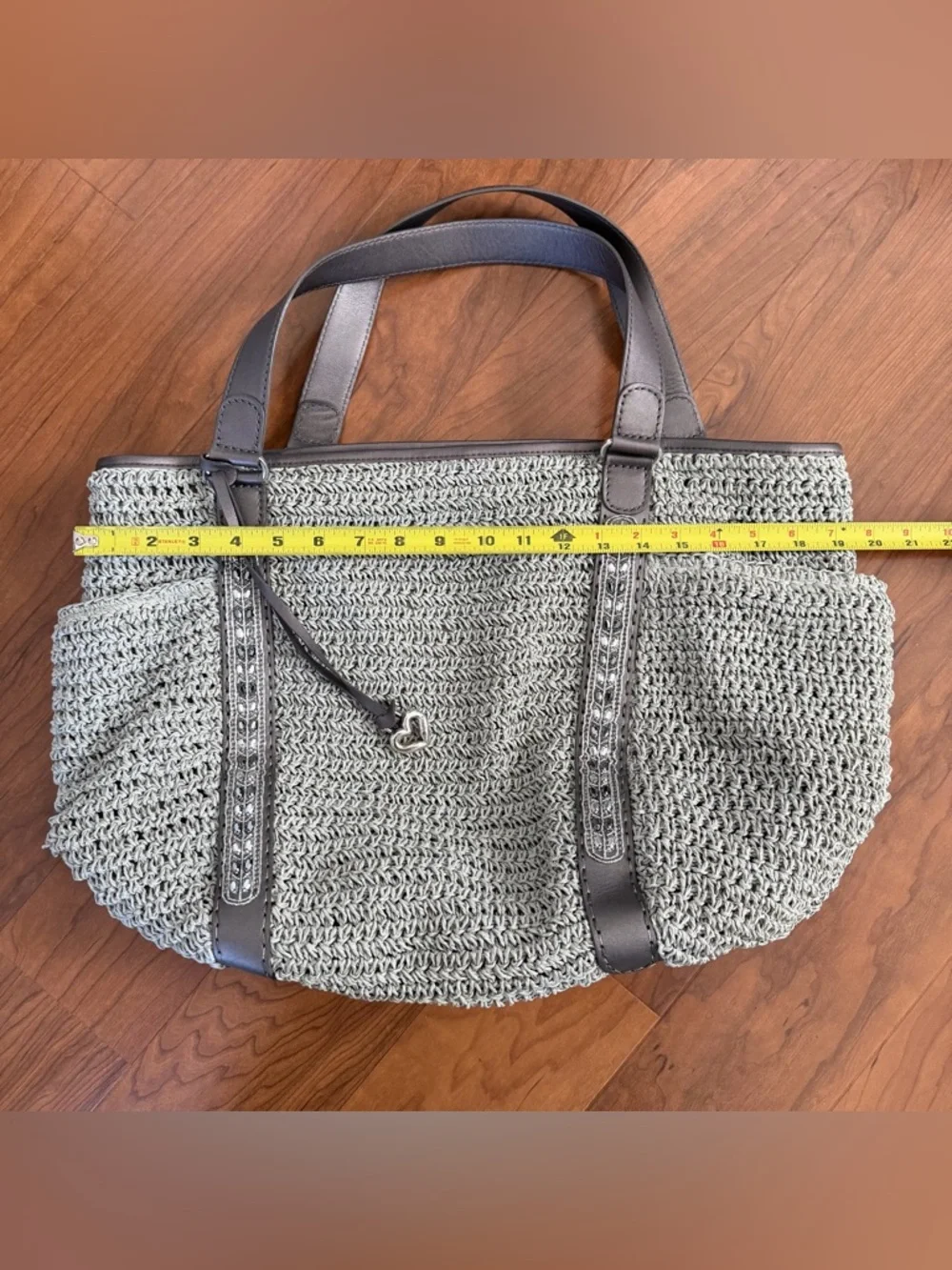 Brighton Aria Anju XLStraw Woven Leather‎ Carryall Pewter Gray Tote Shoulder Bag